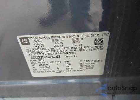 2018 Chevrolet Equinox Lt из США, поврежденный, VIN 3GNAXSEV1JS550437